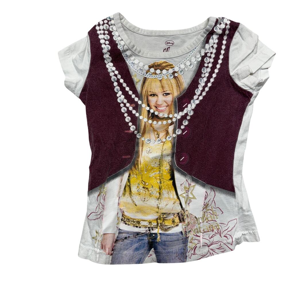 Hannah Montana Y2K T Shirt Girls Youth Small White Miley Cyrus Sequin Rhinestone